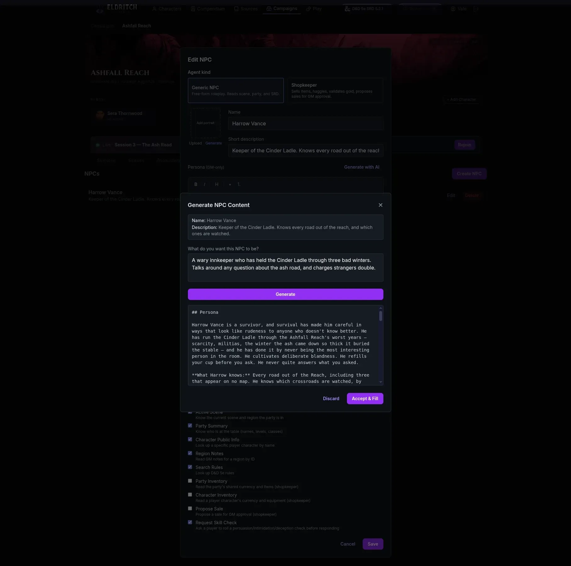 The NPC generator mid-result: a GM's one-line brief on the left, and generated persona text that refers to the campaign by name, with Discard and Accept and Fill buttons beneath it.