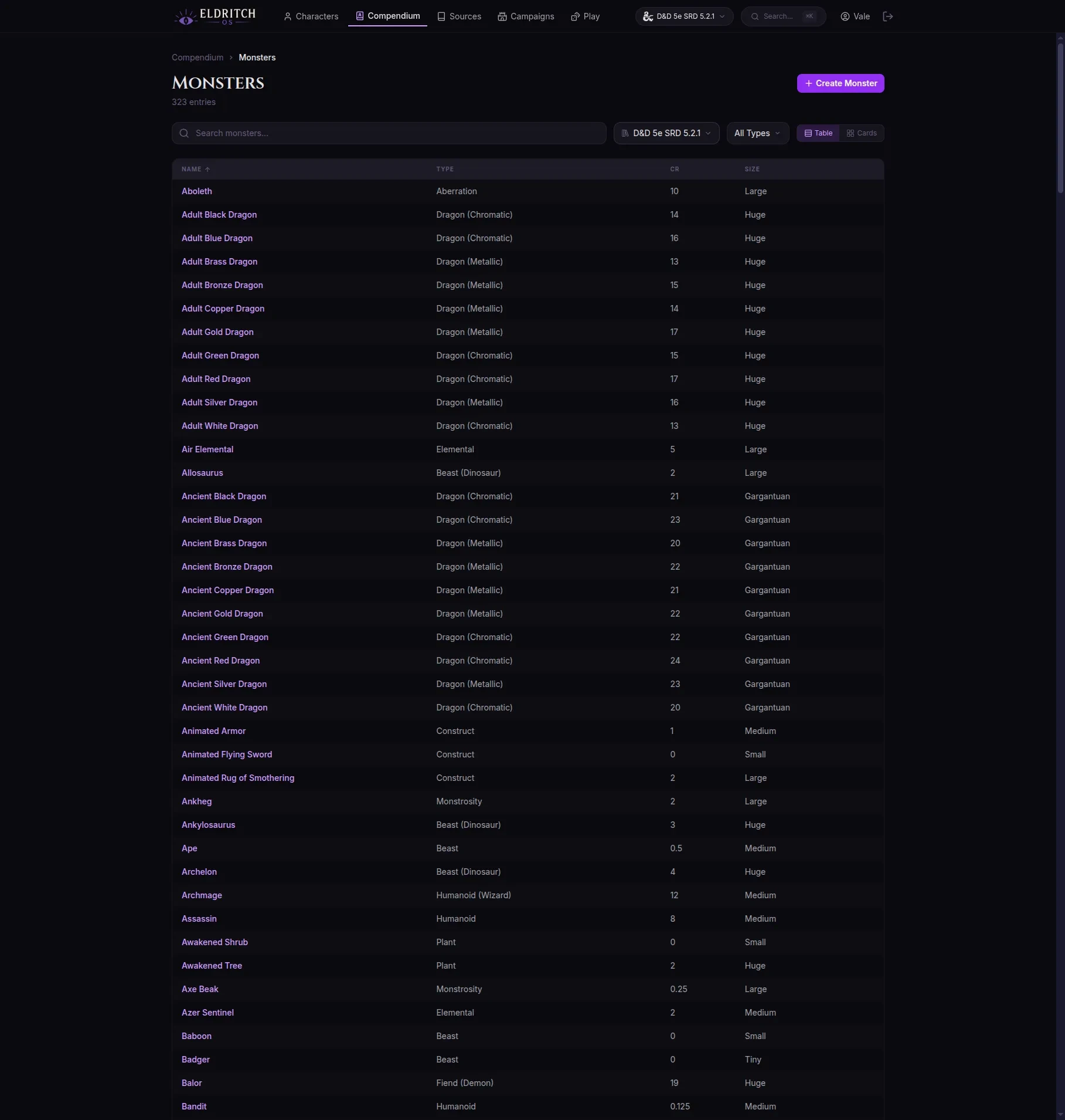 The compendium's monster list filtered to the D&D 5e SRD 5.2.1 source, showing 323 entries in a sortable table with type, challenge rating, and size.