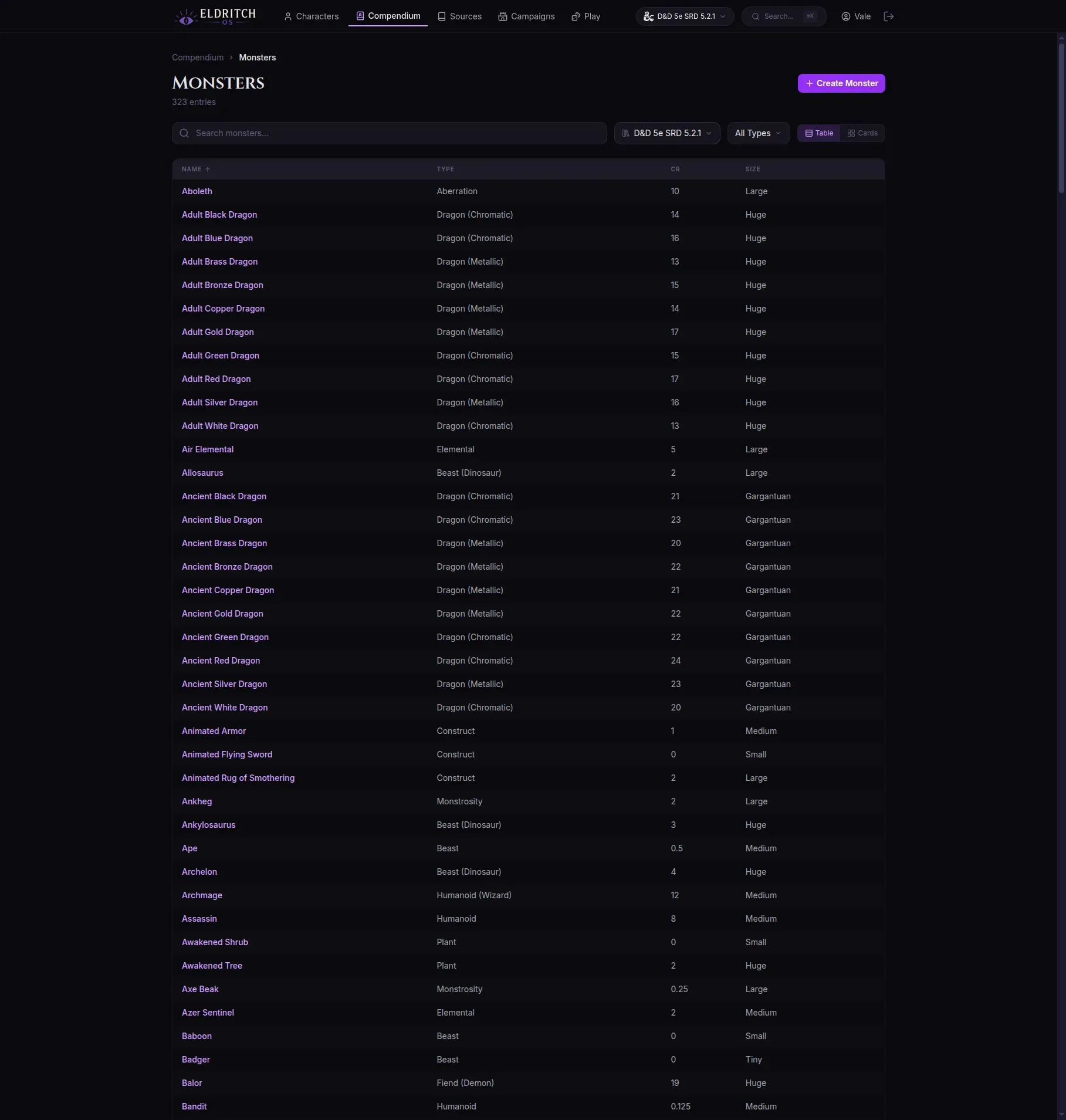 The compendium's monster list filtered to the D&D 5e SRD 5.2.1 source, showing 323 entries in a sortable table with type, challenge rating, and size.