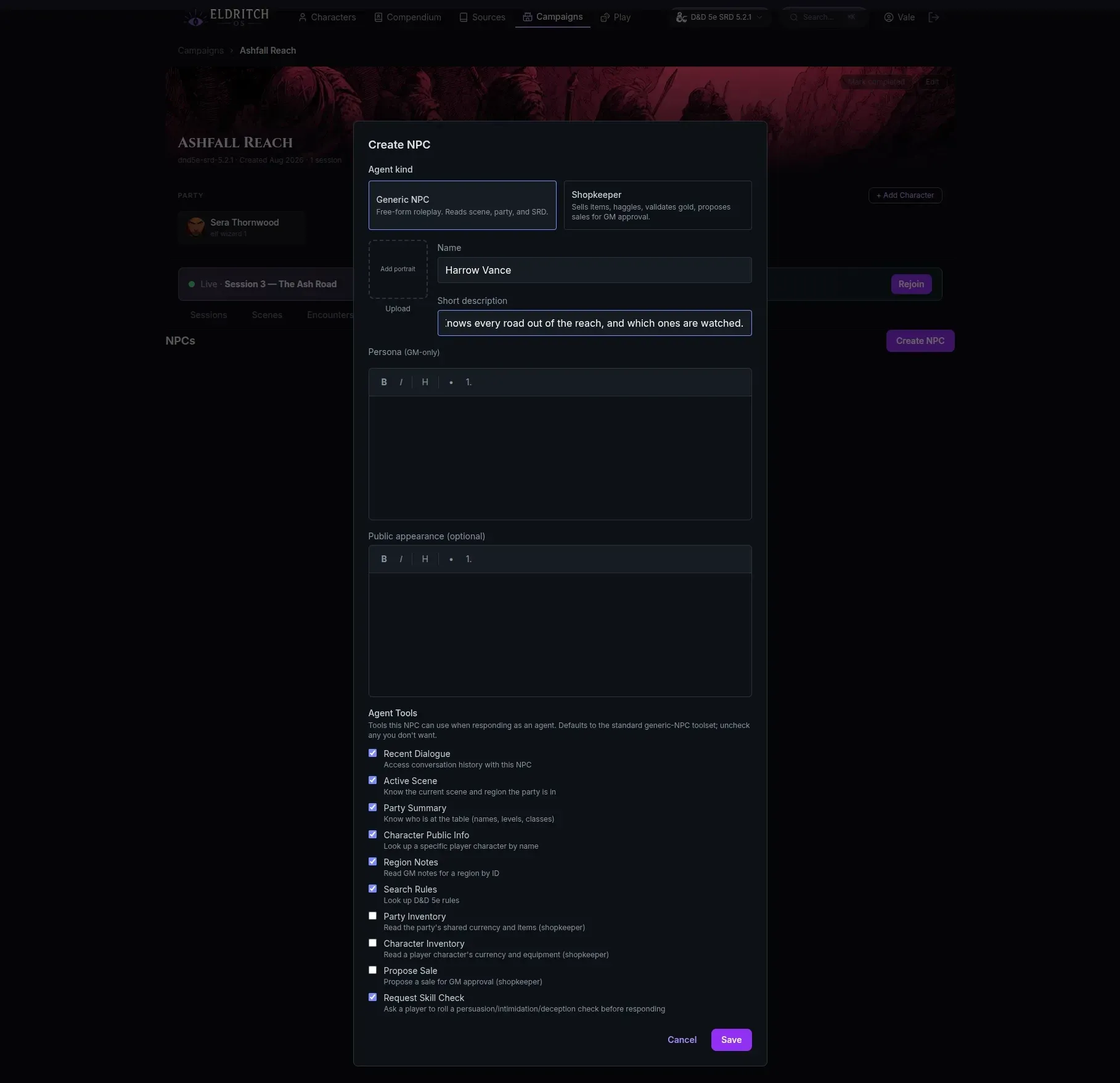 The NPC editor showing agent kind options and an Agent Tools checklist: recent dialogue, active scene, party summary, character public info, region notes, search rules, party and character inventory, propose sale, and request skill check — each individually toggleable.