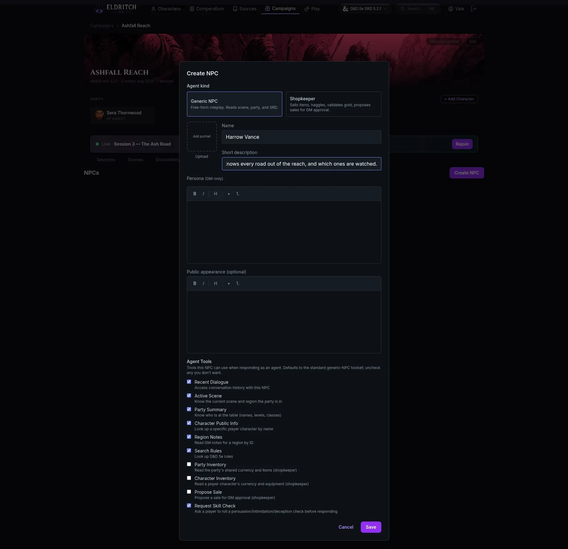 The NPC editor showing agent kind options and an Agent Tools checklist: recent dialogue, active scene, party summary, character public info, region notes, search rules, party and character inventory, propose sale, and request skill check — each individually toggleable.