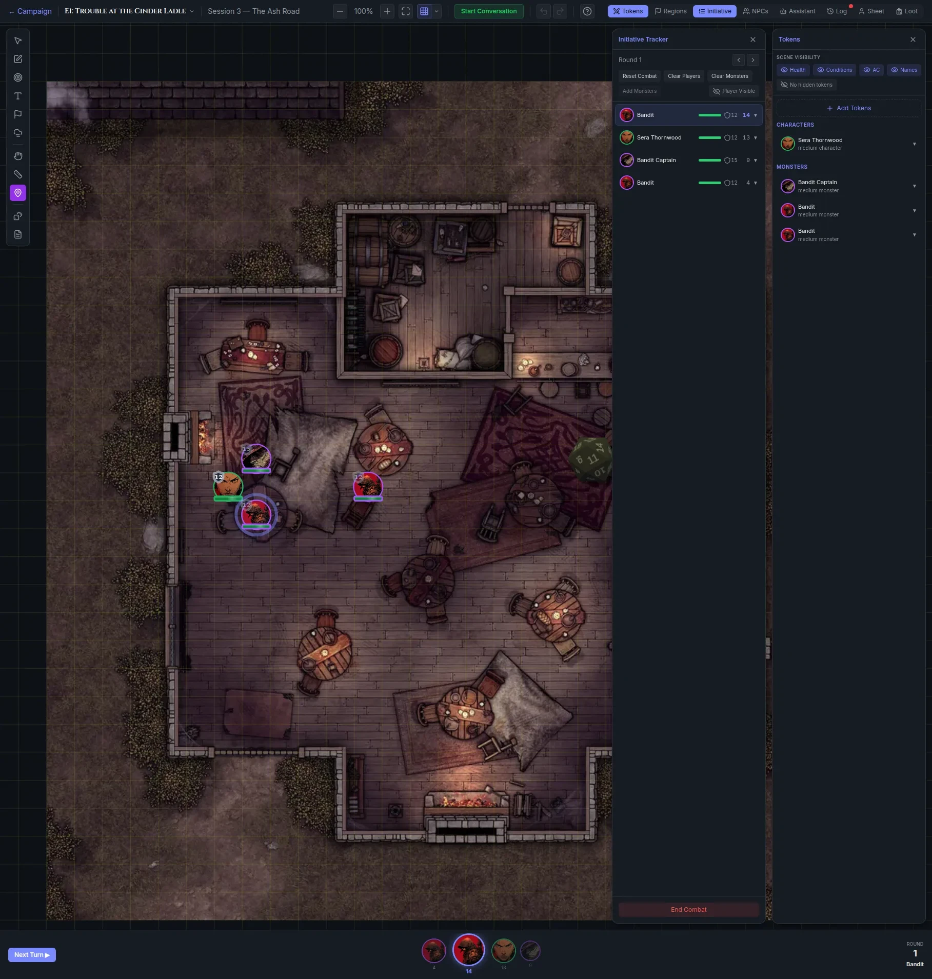 The Eldritch OS virtual tabletop mid-encounter: a top-down tavern battle map with four character and monster tokens, an initiative tracker listing each combatant with hit points and armour class, a token panel, and a 3D die caught mid-roll.