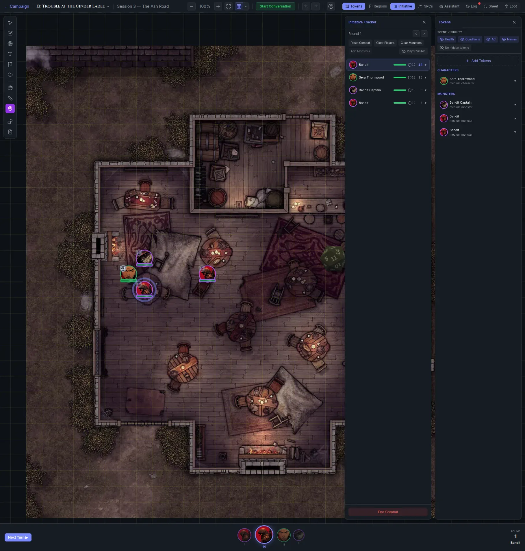 The Eldritch OS virtual tabletop mid-encounter: a top-down tavern battle map with four character and monster tokens, an initiative tracker listing each combatant with hit points and armour class, a token panel, and a 3D die caught mid-roll.